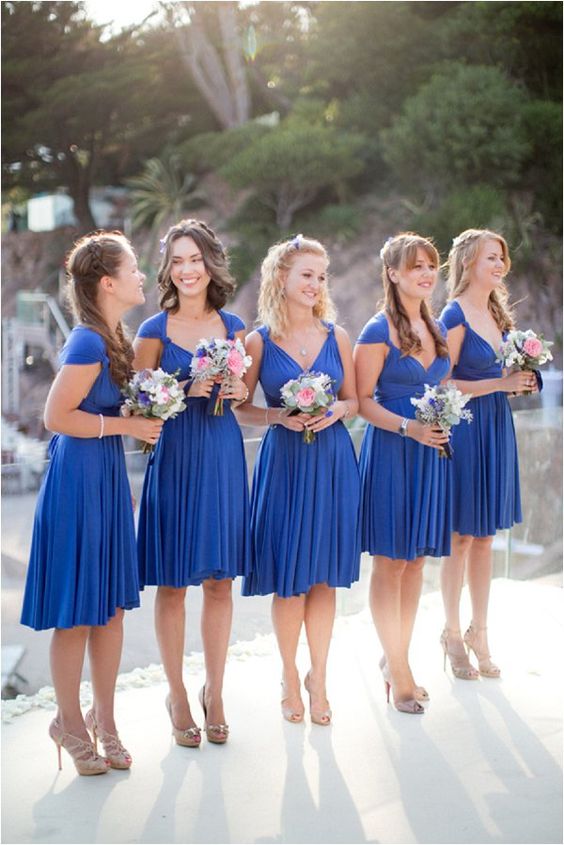 2024 Cheap A Line Royal Blue Chiffon Ruffles Short Bridesmaid Dresses / Gowns