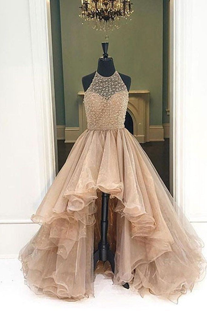 2024 Halter Beaded High Low Organza Champagne Prom Dresses