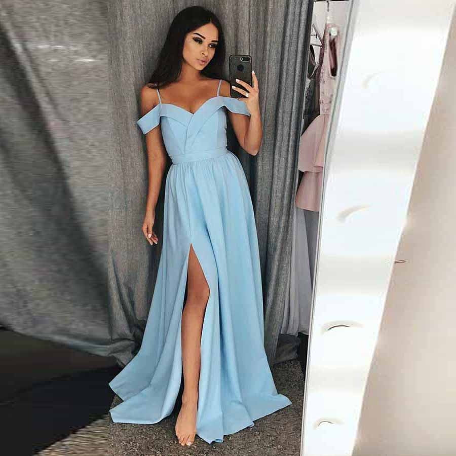 2024 Cute Pink Off the Shoulder Split Satin Prom Dresses