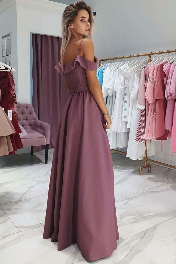 2024 Cute Pink Off the Shoulder Split Satin Prom Dresses