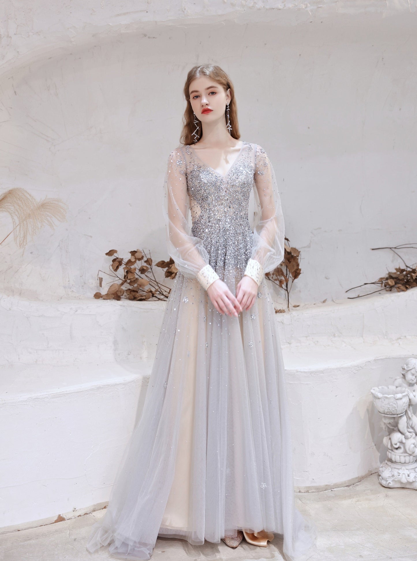 Champagne Prom Dresses Tulle Beading Luxury V-Neck Long Sleeves Evening Dress 2024 Long Evening Party Dresses Women robe de luxe femme Backless A-Line Prom Gown