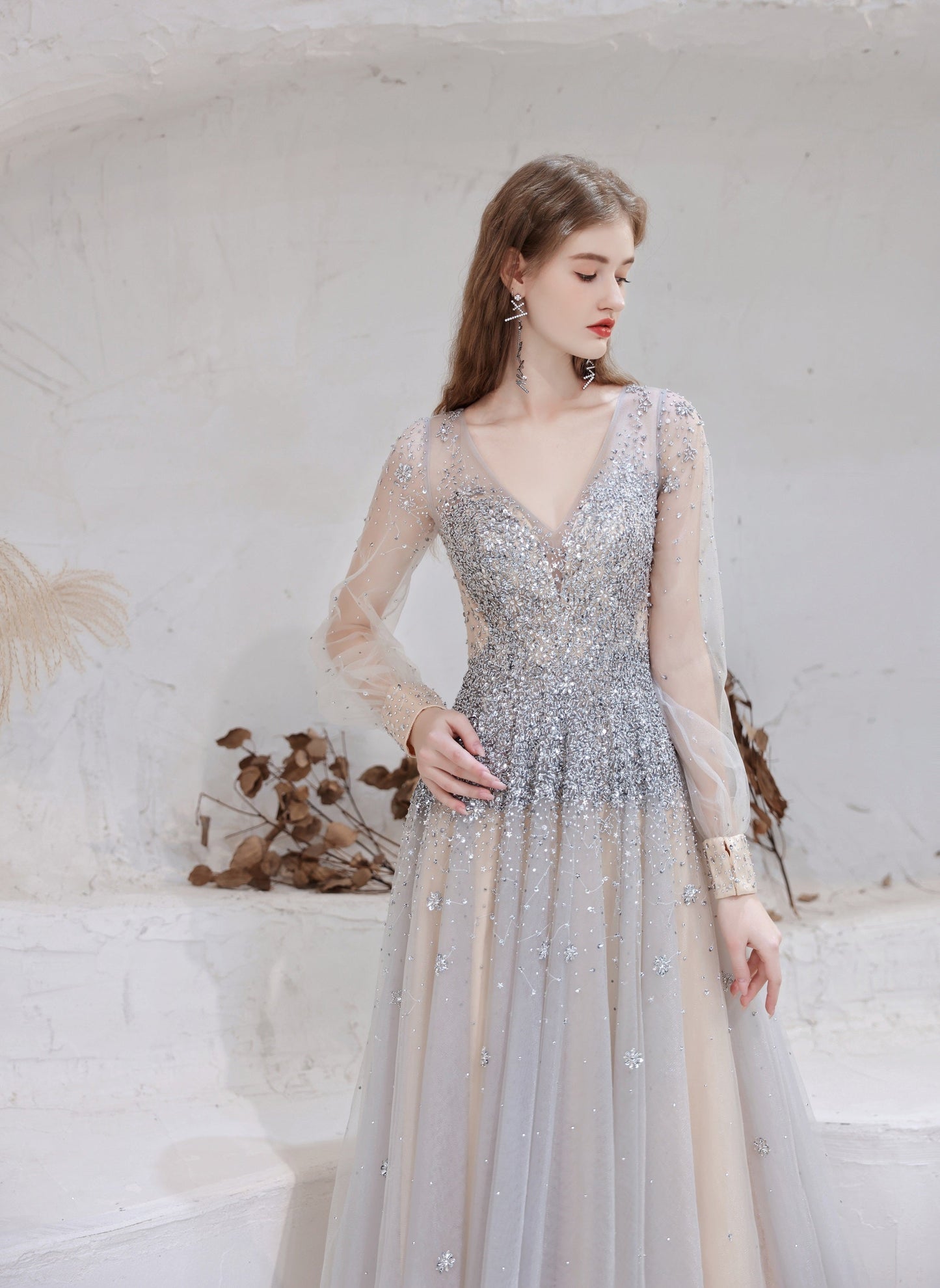 Champagne Prom Dresses Tulle Beading Luxury V-Neck Long Sleeves Evening Dress 2024 Long Evening Party Dresses Women robe de luxe femme Backless A-Line Prom Gown