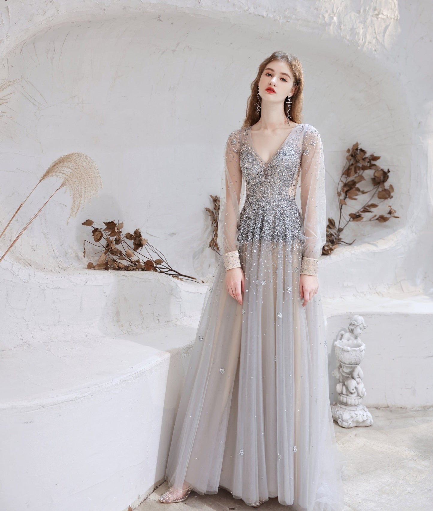 Champagne Prom Dresses Tulle Beading Luxury V-Neck Long Sleeves Evening Dress 2024 Long Evening Party Dresses Women robe de luxe femme Backless A-Line Prom Gown