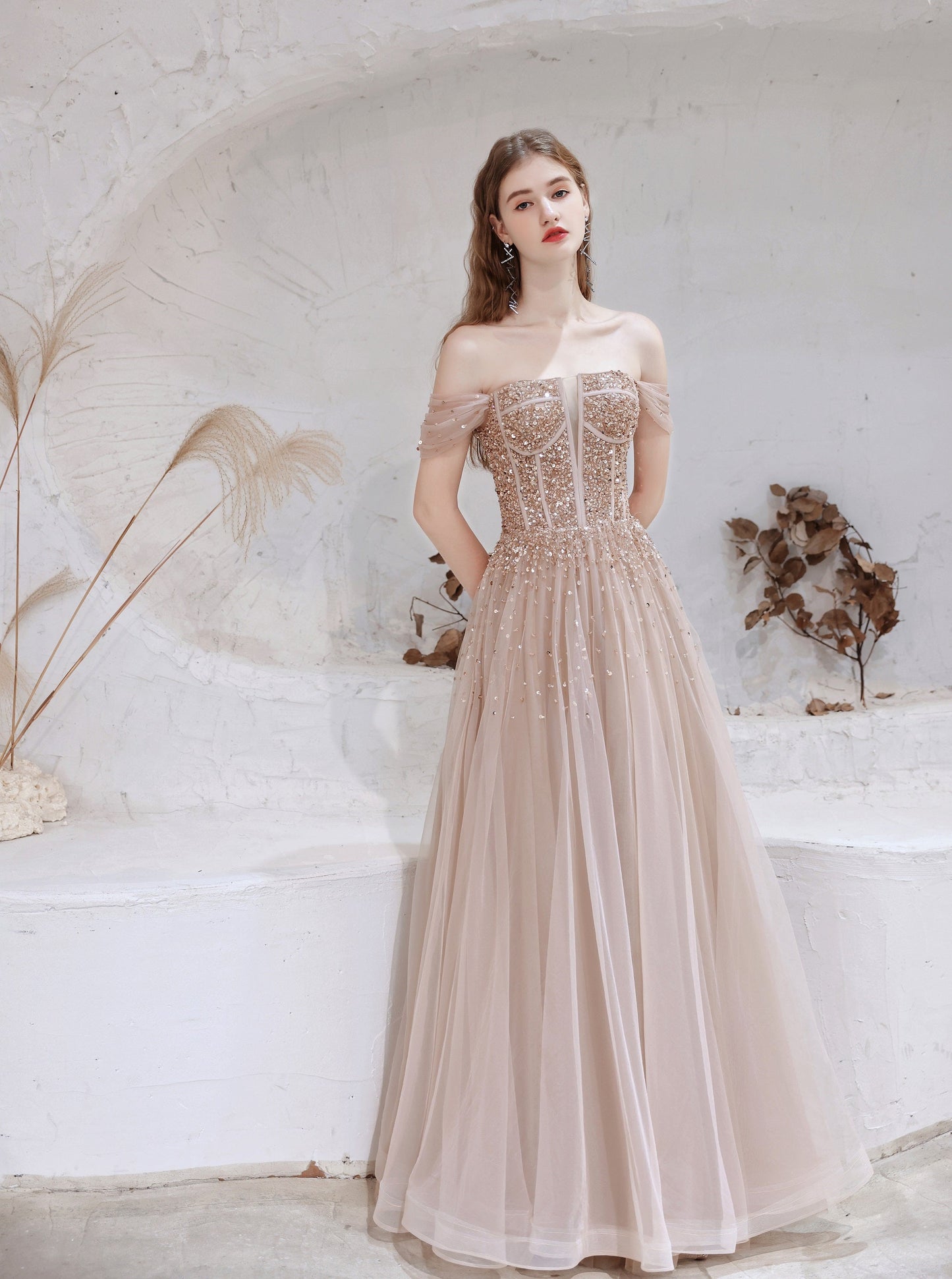 A-Line Prom Dresses Strapless Starlight Princess Champagne Prom Dress Long Evening Dress