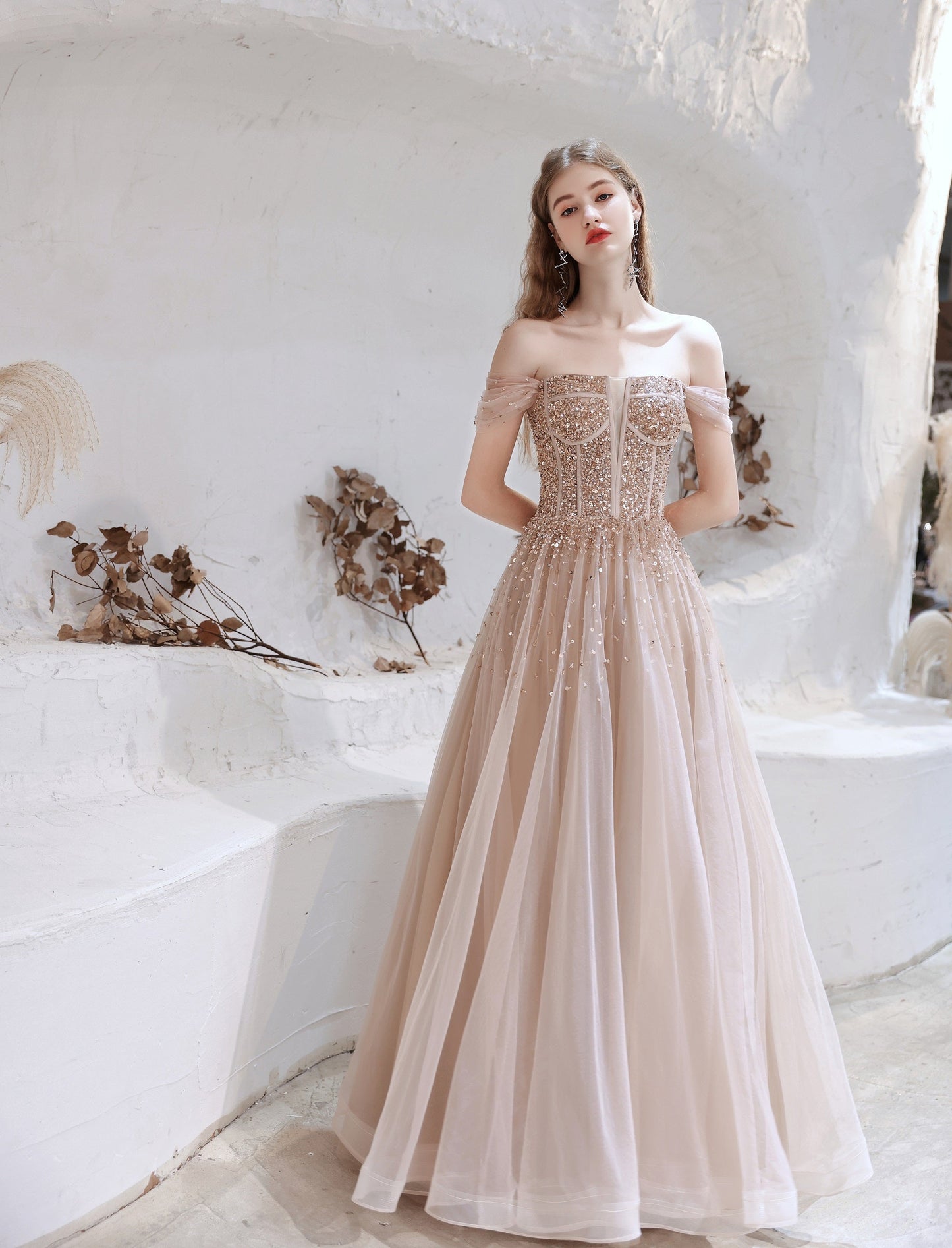 A-Line Prom Dresses Strapless Starlight Princess Champagne Prom Dress Long Evening Dress