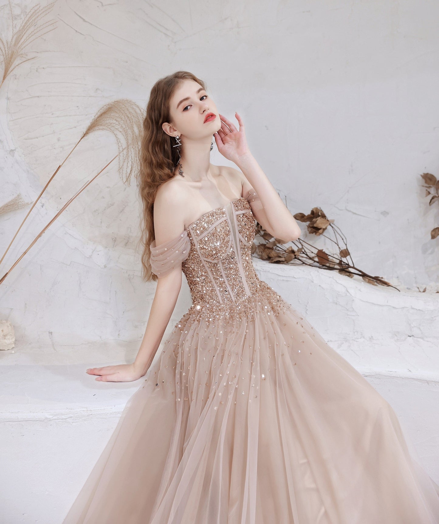 A-Line Prom Dresses Strapless Starlight Princess Champagne Prom Dress Long Evening Dress