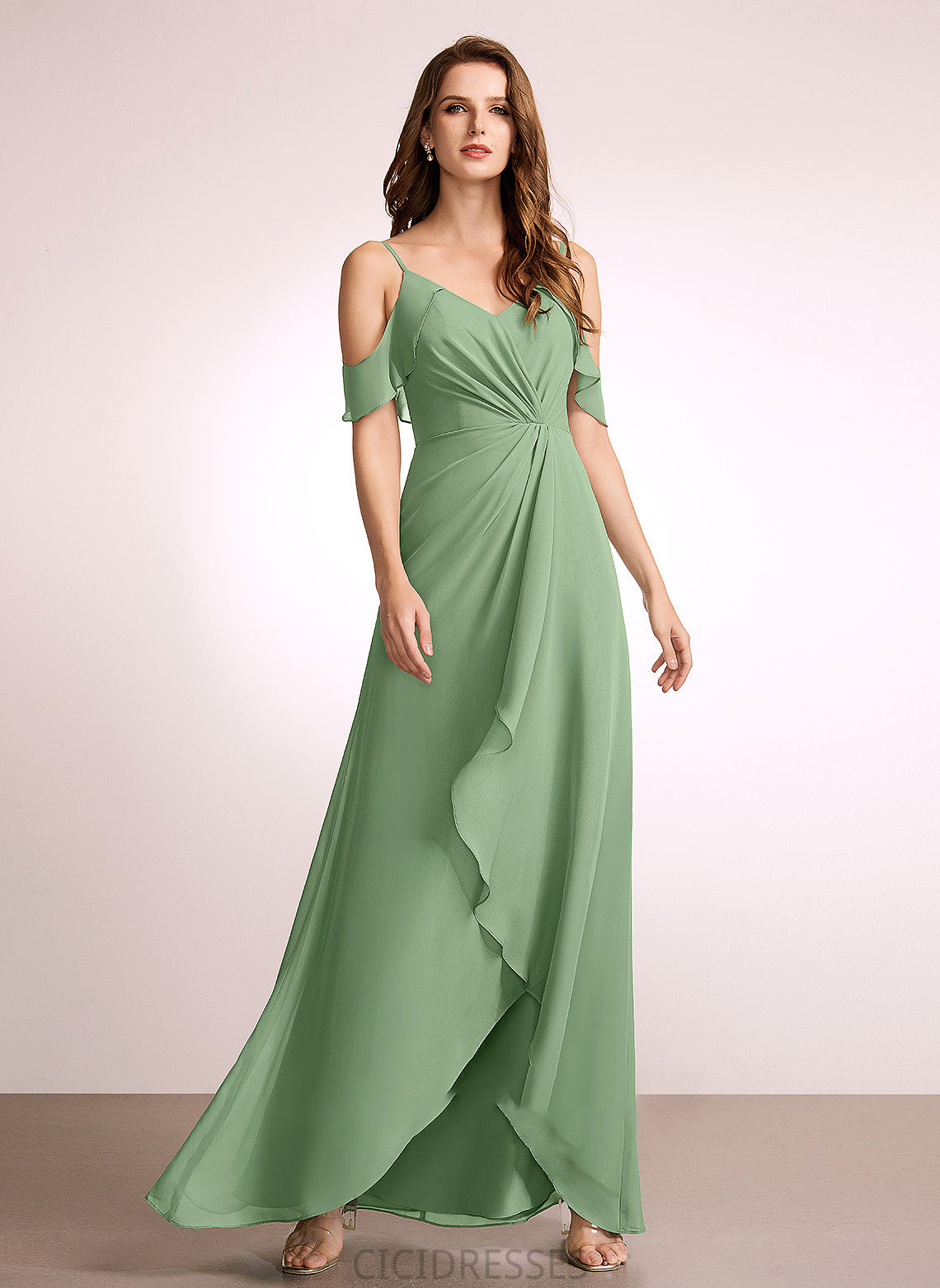 Asymmetrical Length A-Line Neckline Embellishment Fabric Silhouette V-neck SplitFront Areli V-Neck Natural Waist Bridesmaid Dresses