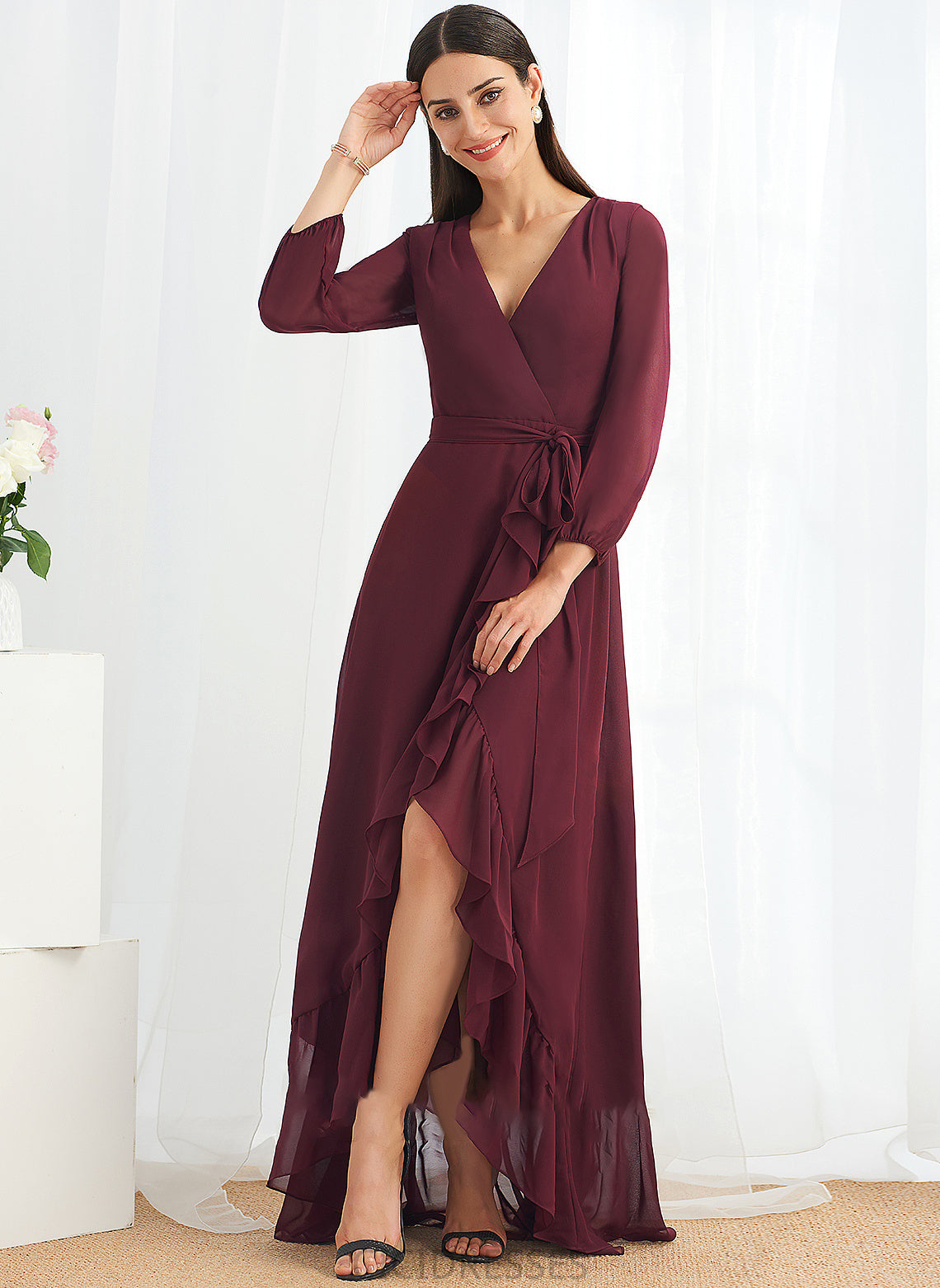 Silhouette A-Line Ruffle Embellishment Asymmetrical SplitFront V-neck Fabric Length Neckline Zion Floor Length Bridesmaid Dresses