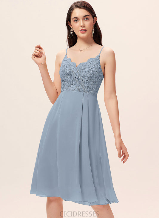 V-neck Lace Knee-Length Silhouette Fabric Straps Length Neckline A-Line Tiffany V-Neck Sleeveless Bridesmaid Dresses