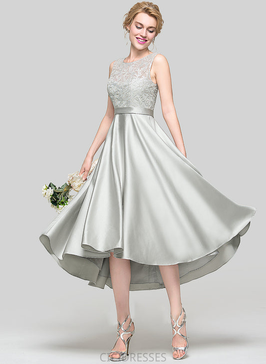 Straps A-Line Asymmetrical Satin Lace Silhouette ScoopNeck Length Neckline Fabric Arielle A-Line/Princess Bridesmaid Dresses