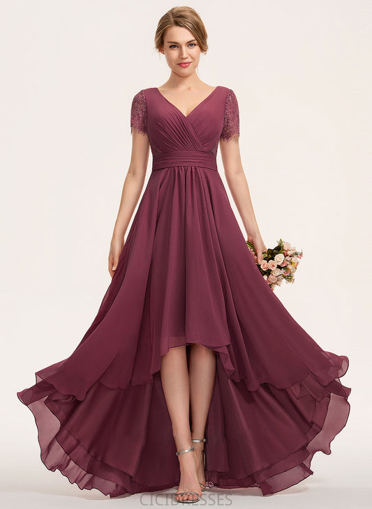 Silhouette V-neck Ruffle Fabric Embellishment Neckline A-Line Length Asymmetrical Janelle A-Line/Princess Floor Length Bridesmaid Dresses