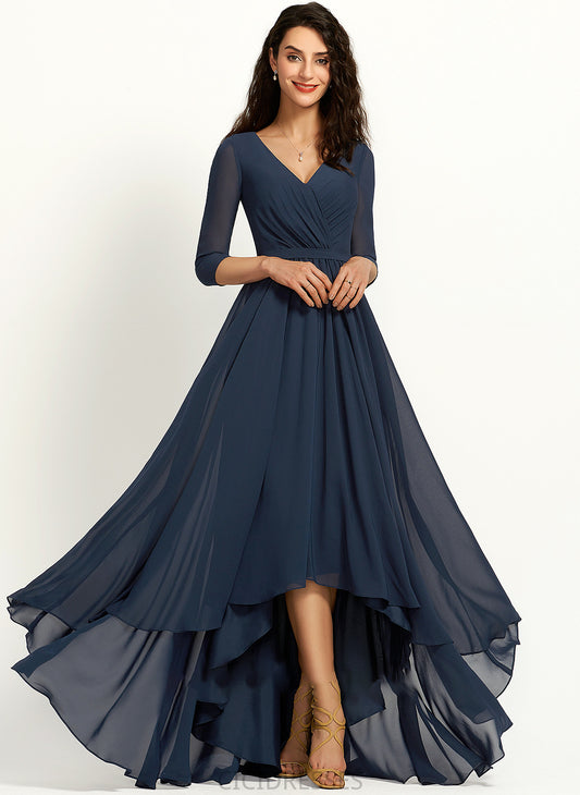 Asymmetrical Length V-neck Fabric Neckline Silhouette A-Line Pleated Embellishment Penny A-Line/Princess Floor Length Bridesmaid Dresses