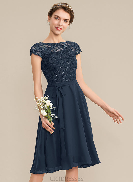 Fabric ScoopNeck Length Embellishment Knee-Length Silhouette Neckline Sequins A-Line Bow(s) Ayana Short/Mini Bridesmaid Dresses