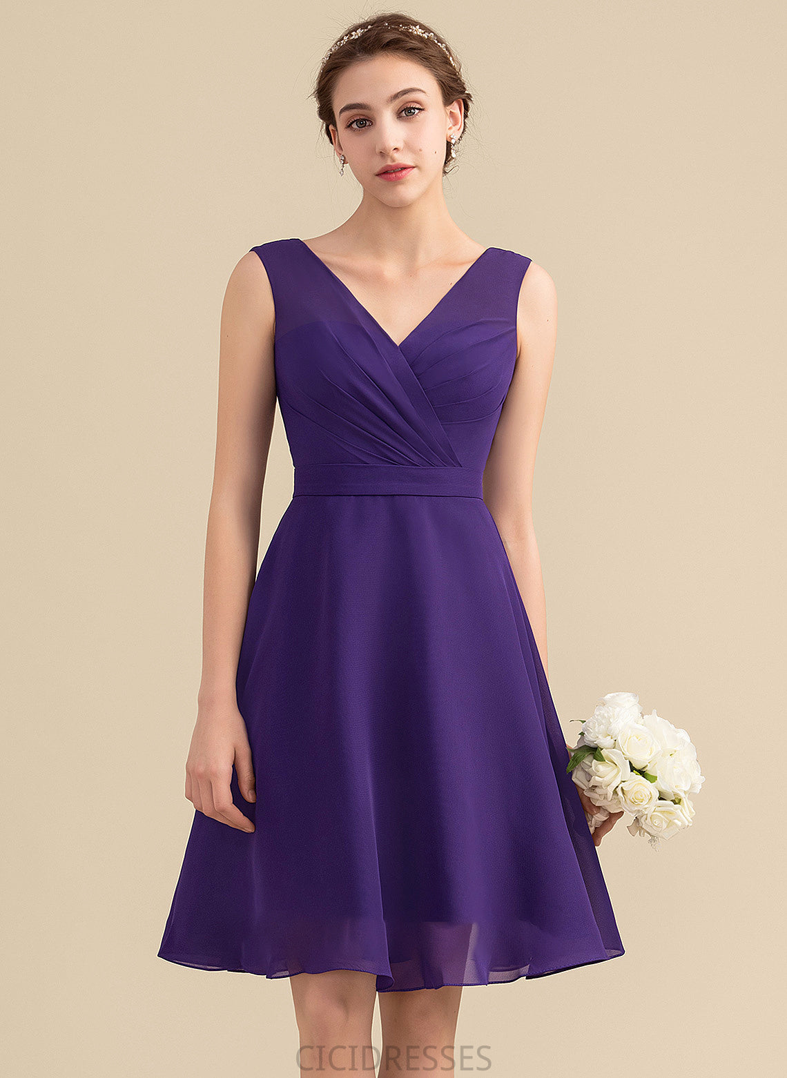 Ruffle A-Line V-neck Silhouette Knee-Length Fabric Embellishment Length Neckline Sue Sleeveless Spaghetti Staps Bridesmaid Dresses