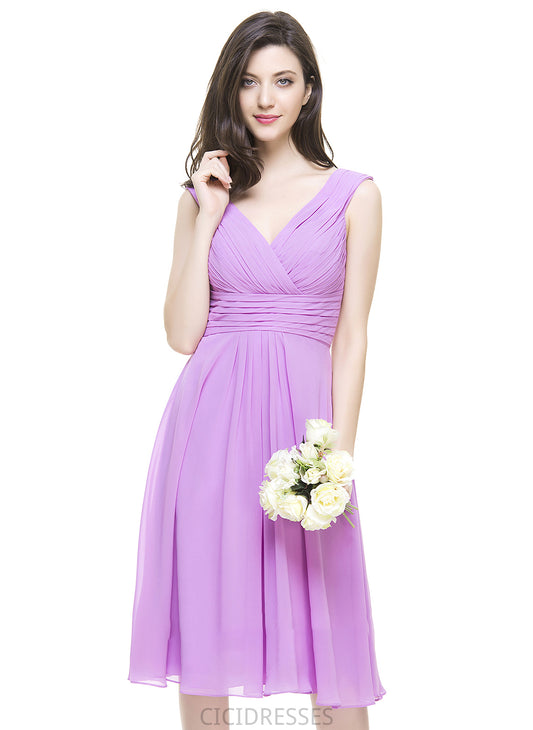 Fabric A-Line Silhouette Length Ruffle Embellishment Knee-Length Neckline V-neck Jada V-Neck Natural Waist Bridesmaid Dresses