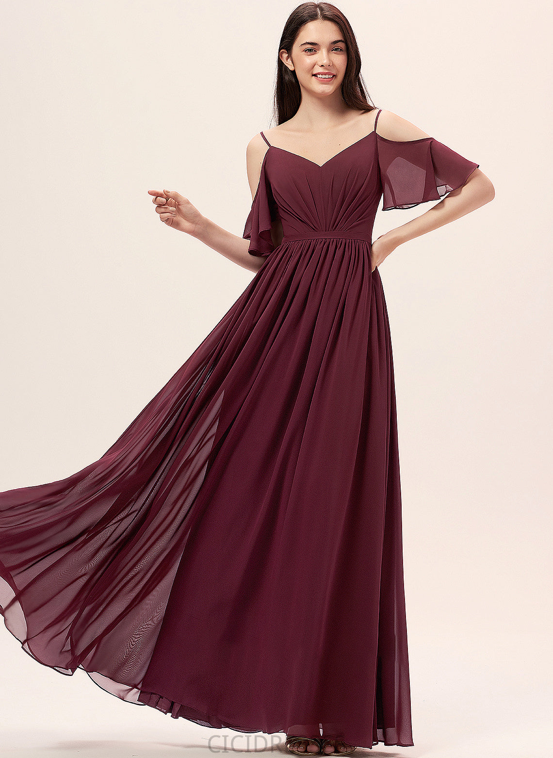 A-Line V-neck Neckline Ruffle Length Floor-Length Embellishment Silhouette Fabric Aliza High Low Short Sleeves Bridesmaid Dresses