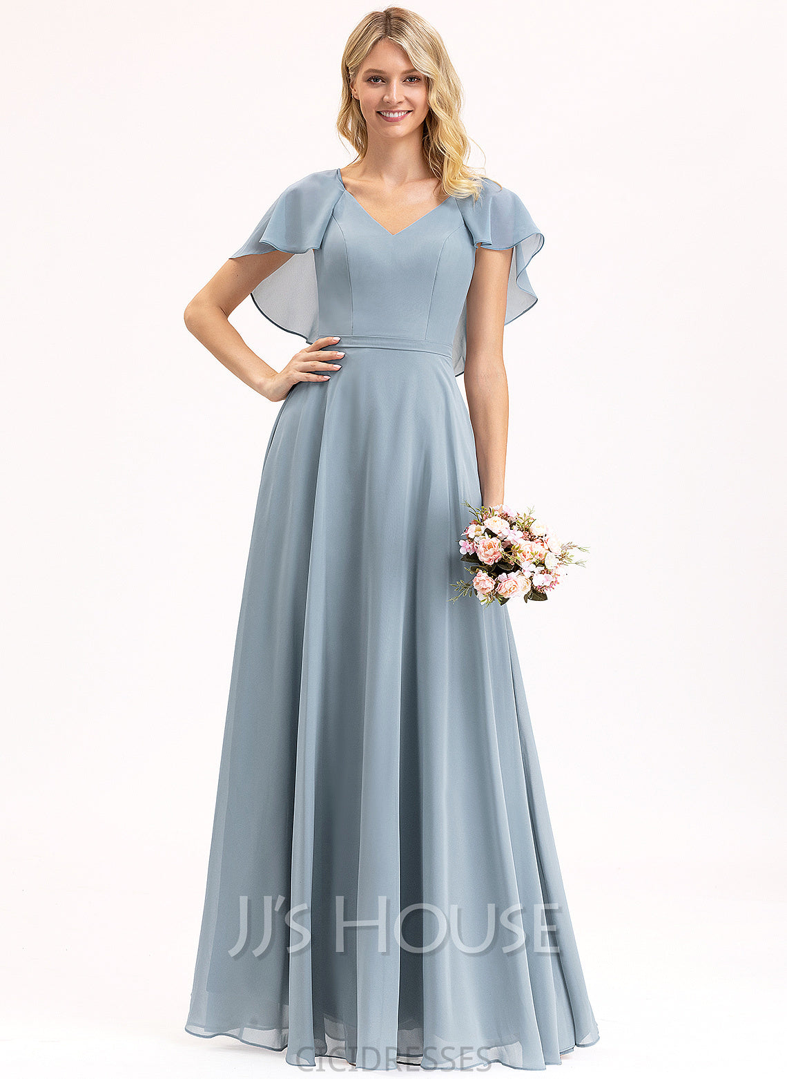 Neckline Embellishment Fabric CascadingRuffles Silhouette V-neck A-Line Length Floor-Length Averie Floor Length Natural Waist Bridesmaid Dresses