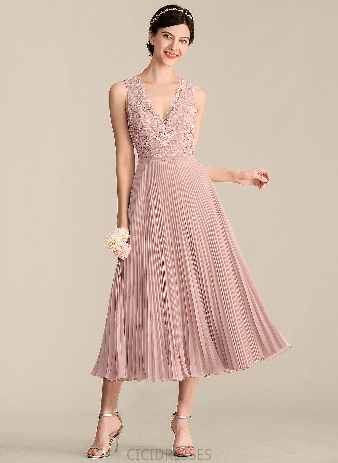 Length Fabric A-Line Neckline Embellishment Silhouette V-neck Tea-Length Pleated Michaela Natural Waist Sleeveless Bridesmaid Dresses