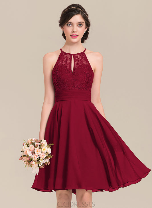 Length Fabric A-Line Neckline Embellishment Silhouette ScoopNeck Bow(s) Knee-Length Ruffle Alannah Spaghetti Staps Bridesmaid Dresses