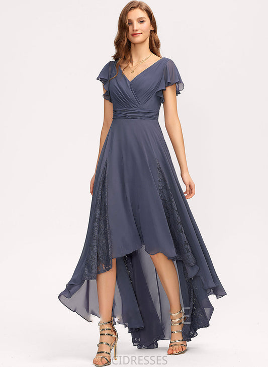 Ruffle V-neck Lace Neckline A-Line Asymmetrical Silhouette Fabric Embellishment Length Adalynn Floor Length Bridesmaid Dresses