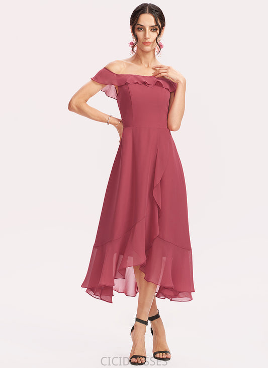 Off-the-Shoulder Tea-Length Neckline Fabric A-Line Embellishment Silhouette CascadingRuffles Length Lilyana Sleeveless Natural Waist Bridesmaid Dresses