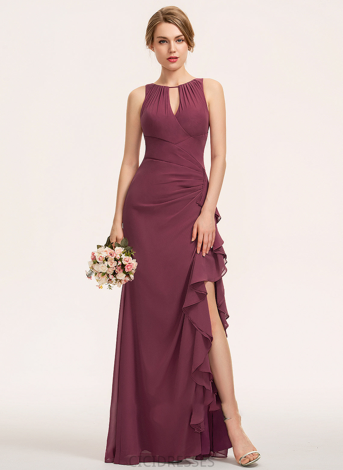 SplitFront Floor-Length CascadingRuffles Fabric Length Embellishment Silhouette ScoopNeck A-Line Neckline Heaven Natural Waist Bridesmaid Dresses