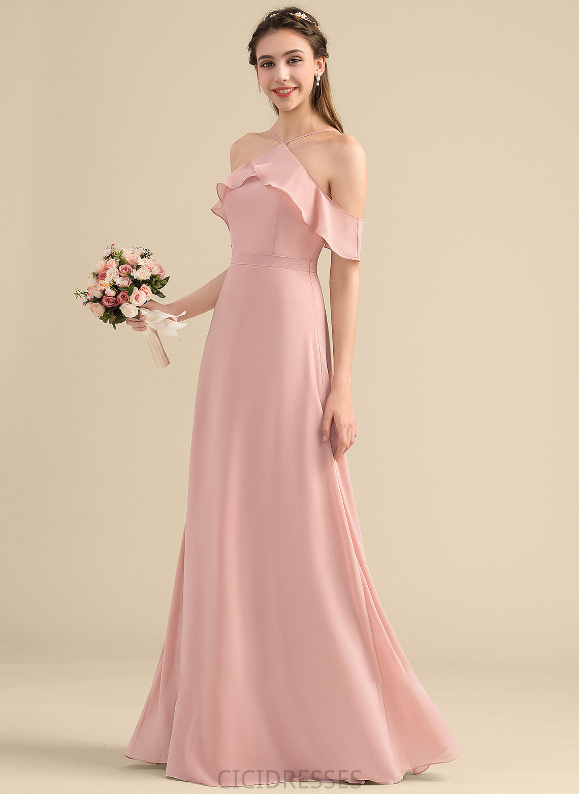 A-Line CascadingRuffles Floor-Length Embellishment Bow(s) Neckline V-neck Silhouette Fabric Length Lucinda Straps Bridesmaid Dresses