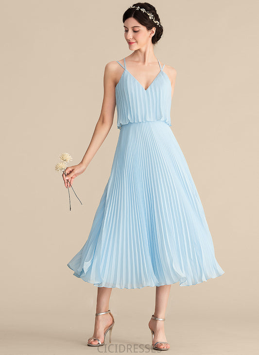 A-Line Tea-Length Pleated Fabric V-neck Embellishment Length Silhouette Neckline Emelia Natural Waist Floor Length Bridesmaid Dresses