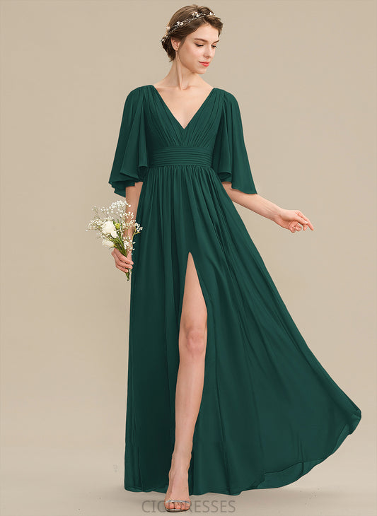 Ruffle Silhouette A-Line Length Fabric Floor-Length Bow(s) SplitFront Embellishment Neckline V-neck Talia Bridesmaid Dresses