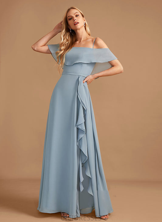 SplitFront Fabric Length Neckline Embellishment Off-the-Shoulder A-Line Ruffle Silhouette Floor-Length Kitty Sleeveless Bridesmaid Dresses