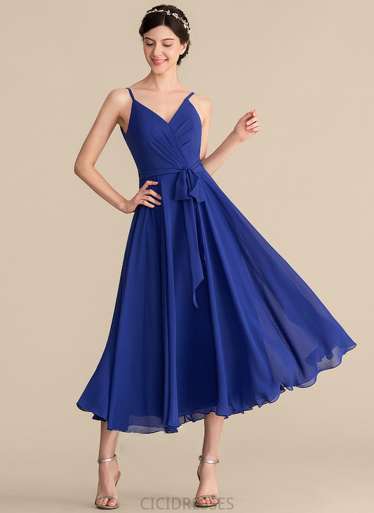 Ruffle Neckline Fabric Length Silhouette Embellishment A-Line Bow(s) Tea-Length V-neck Sonia A-Line/Princess Bridesmaid Dresses