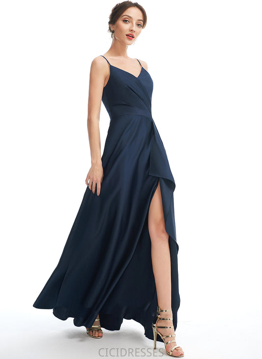 Silhouette Floor-Length Length Neckline SplitFront A-Line Fabric V-neck Pockets Embellishment Mckinley Natural Waist Bridesmaid Dresses