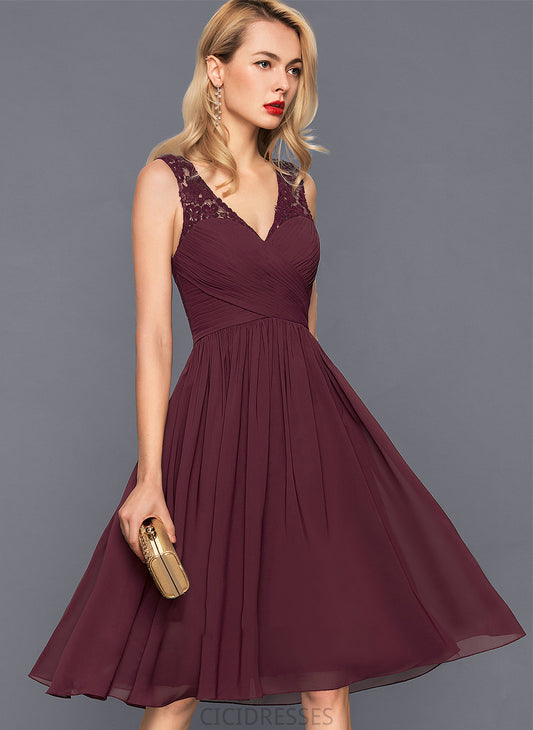 Knee-Length Length Fabric Ruffle V-neck A-Line Silhouette Embellishment Neckline Hillary A-Line/Princess Sleeveless Bridesmaid Dresses