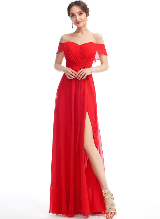 A-Line Fabric Embellishment Length Floor-Length Ruffle SplitFront Off-the-Shoulder Silhouette Neckline Brisa Floor Length Bridesmaid Dresses