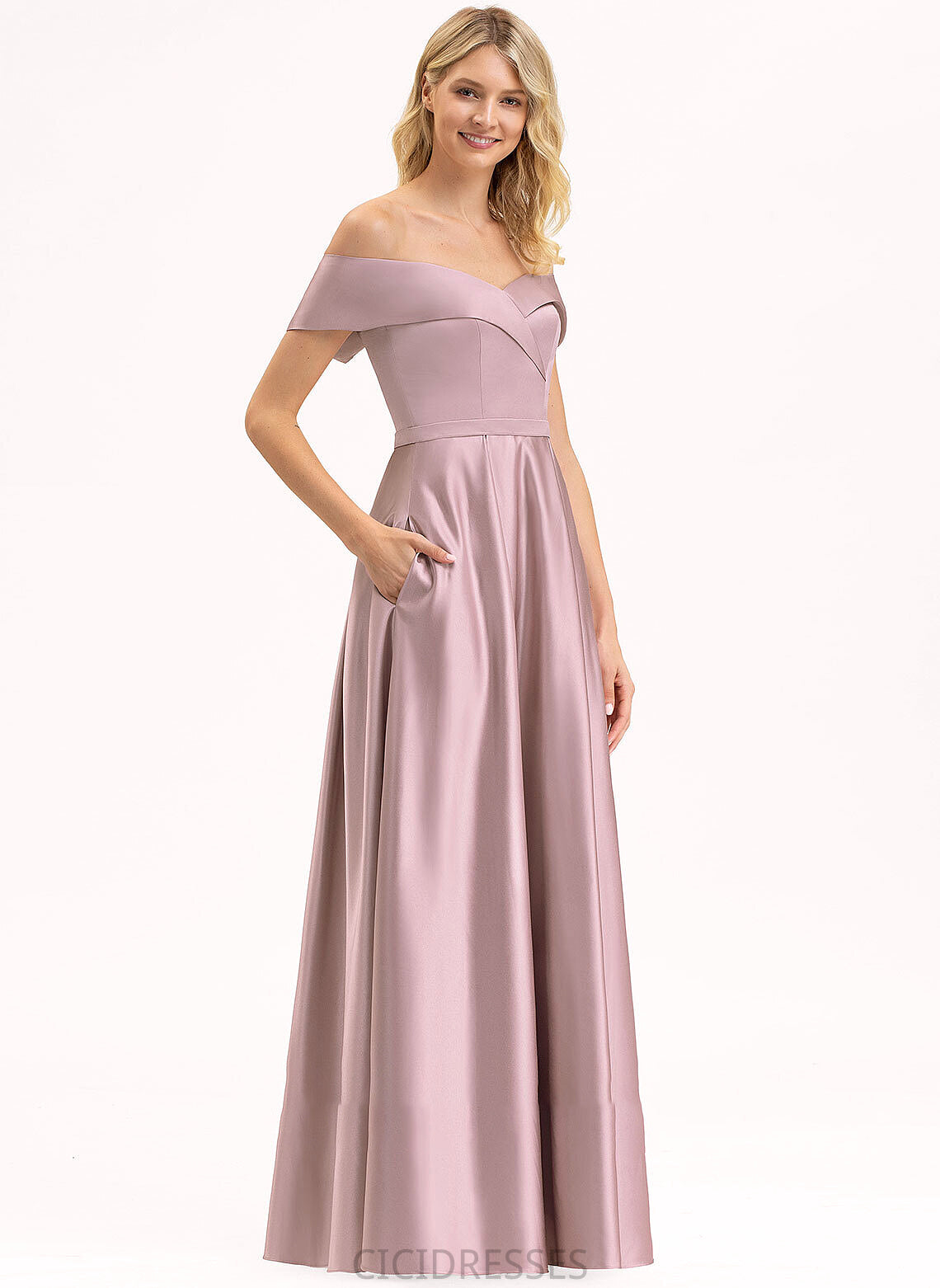 Neckline Embellishment A-Line Fabric Floor-Length Length Off-the-Shoulder Pockets Silhouette Addison Sleeveless Floor Length Bridesmaid Dresses