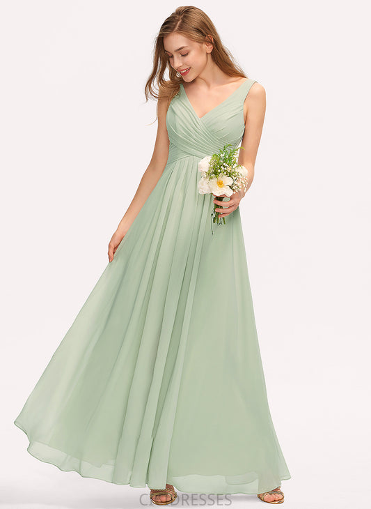 Length Ruffle Embellishment Neckline Floor-Length SplitFront Silhouette A-Line V-neck Fabric Nina Sleeveless Bridesmaid Dresses