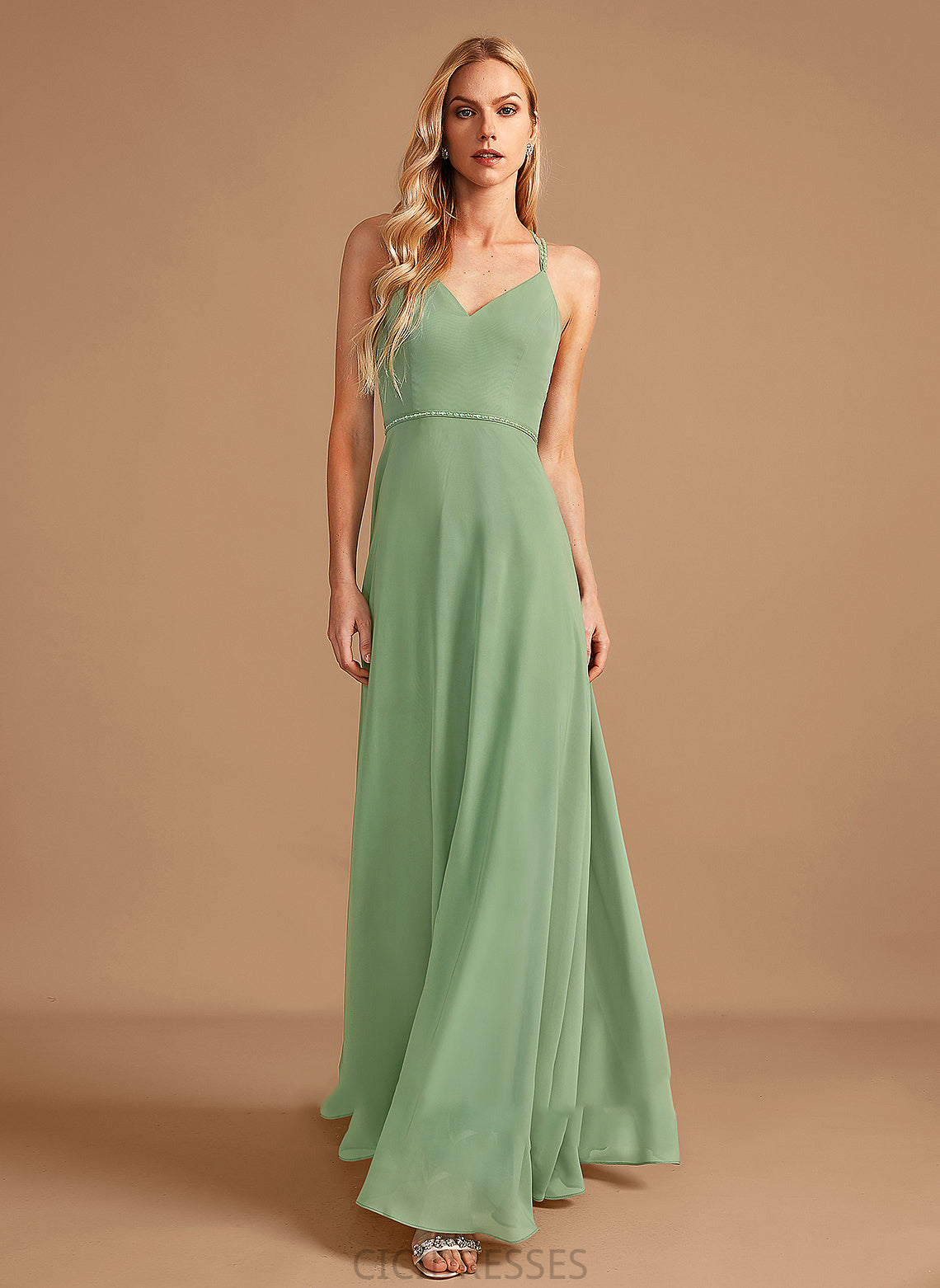 V-neck Length Sequins Floor-Length Silhouette Beading Fabric Embellishment A-Line Neckline Kiana Sleeveless Bridesmaid Dresses