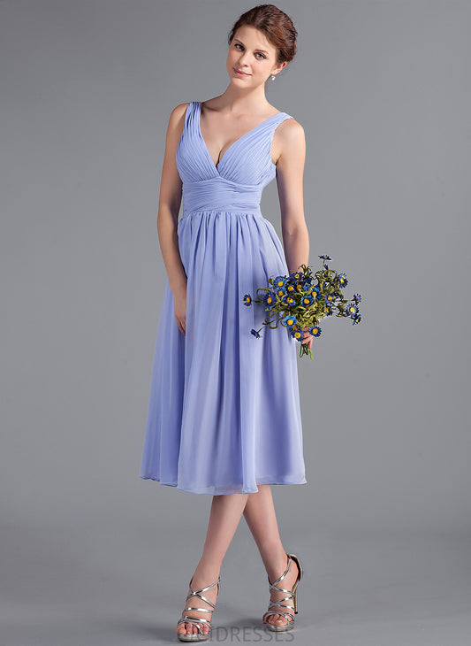 Neckline V-neck Length Fabric Ruffle A-Line Silhouette Embellishment Tea-Length Presley A-Line/Princess Sleeveless Bridesmaid Dresses