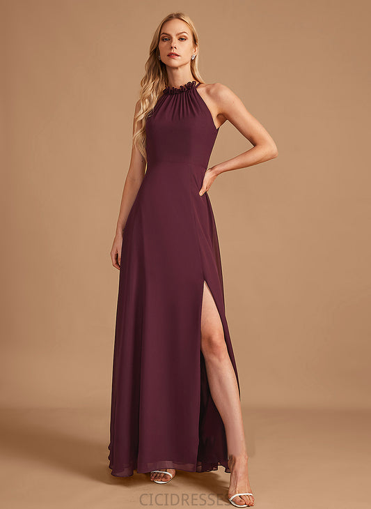 A-Line Embellishment SplitFront Neckline HighNeck Floor-Length Length Silhouette Fabric Imani Floor Length Satin Bridesmaid Dresses