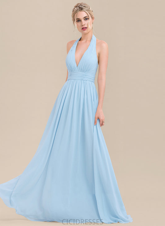 Floor-Length A-Line Embellishment Silhouette Length Halter Neckline Ruffle Fabric Gemma Natural Waist Sleeveless Bridesmaid Dresses