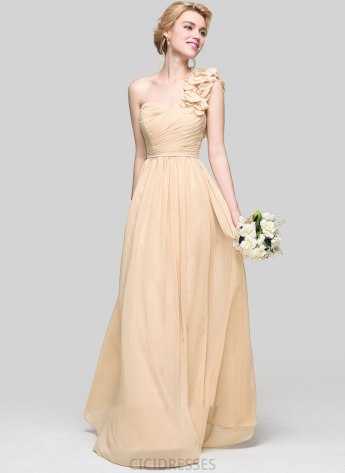 Neckline Length Fabric Ruffle Flower(s) Floor-Length One-Shoulder Silhouette Embellishment A-Line Lainey Natural Waist Bridesmaid Dresses