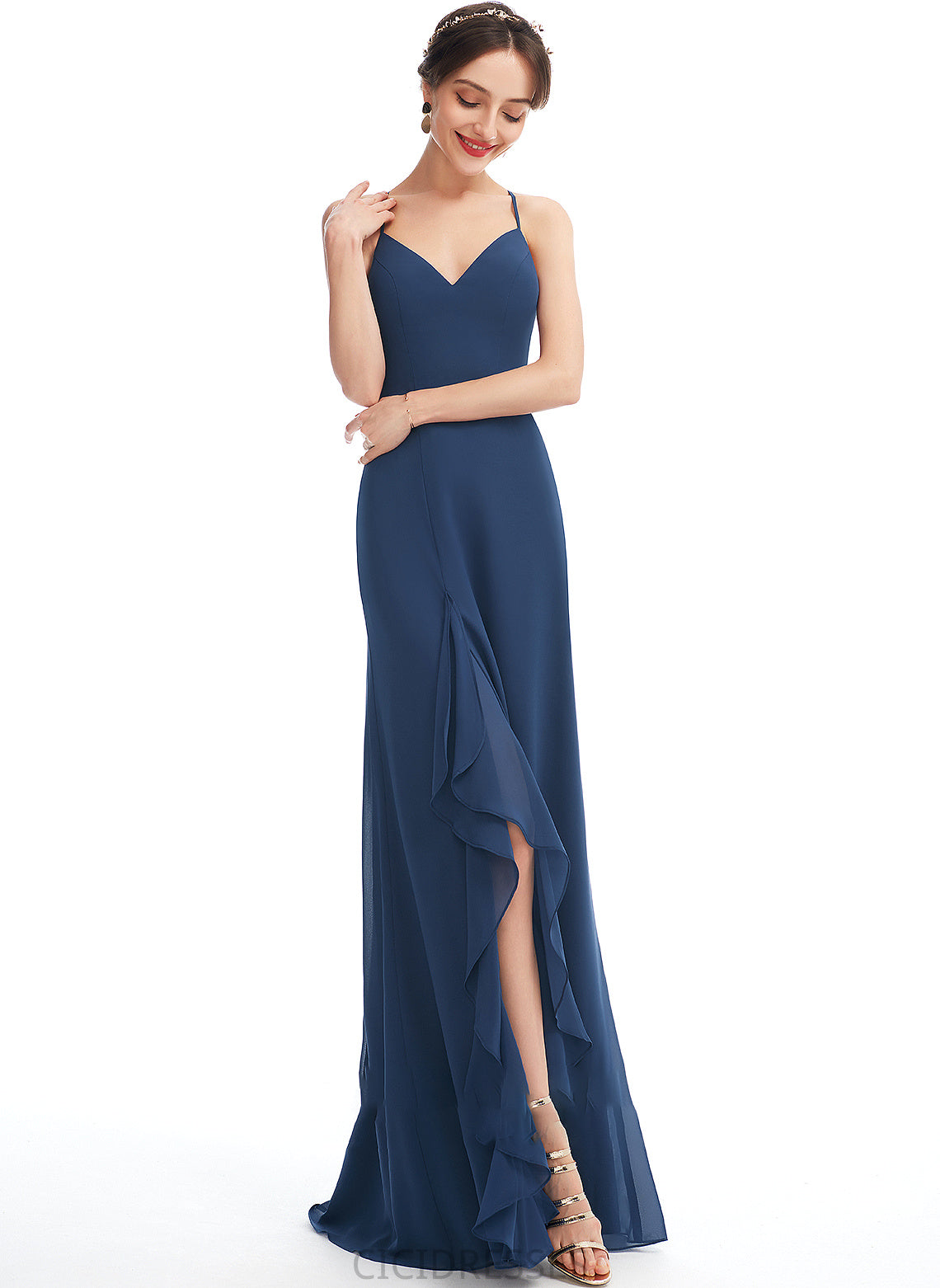 A-Line Embellishment V-neck Floor-Length Length Silhouette Fabric Neckline Ruffle SplitFront Kendall A-Line/Princess Bridesmaid Dresses