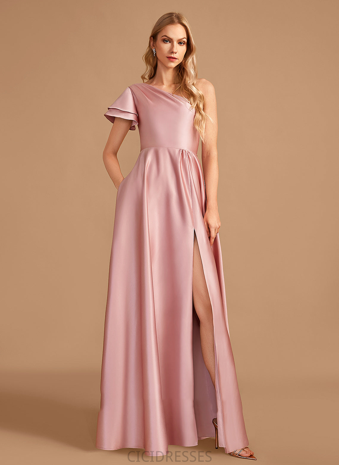 SplitFront Neckline Fabric A-Line One-Shoulder Floor-Length Length Embellishment Silhouette Jaylyn A-Line/Princess V-Neck Bridesmaid Dresses