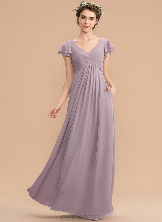 Embellishment Fabric Silhouette Pockets Floor-Length Length CascadingRuffles A-Line V-neck Neckline Chelsea Sleeveless Bridesmaid Dresses