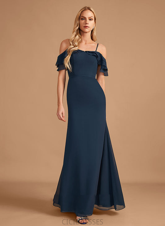 Floor-Length Fabric Ruffle Neckline Beading Sheath/Column Embellishment Off-the-Shoulder Silhouette Length Jakayla Scoop Bridesmaid Dresses