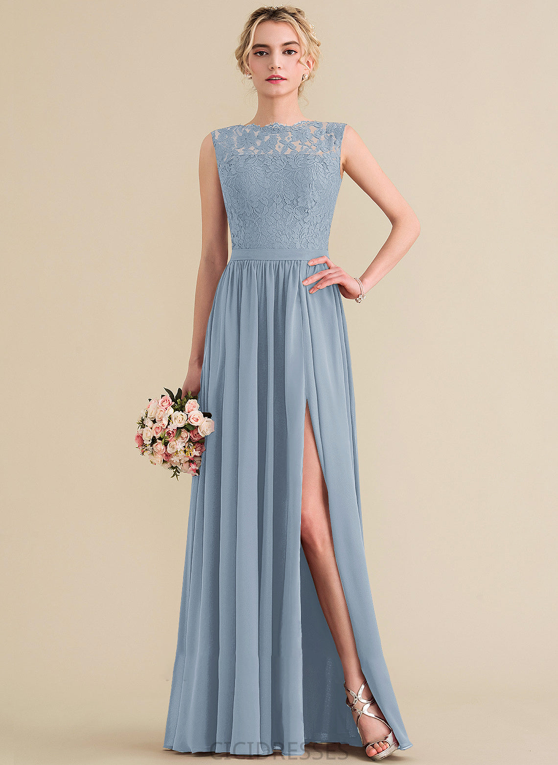 Neckline Fabric ScoopNeck Floor-Length Embellishment SplitFront Length A-Line Silhouette Moriah Natural Waist V-Neck Bridesmaid Dresses