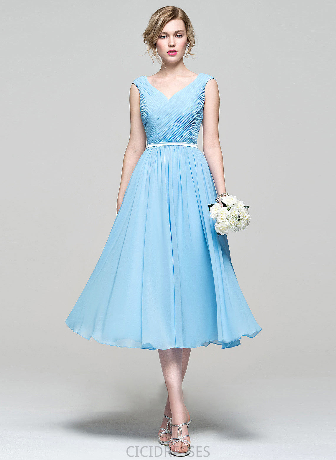 Length Embellishment Tea-Length Silhouette A-Line Ruffle Neckline V-neck Fabric Isabelle Spaghetti Staps A-Line/Princess Bridesmaid Dresses