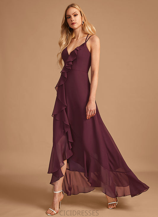 V-neck A-Line Embellishment Silhouette Fabric Length Asymmetrical Neckline SplitFront Ruffle Val Floor Length Bridesmaid Dresses