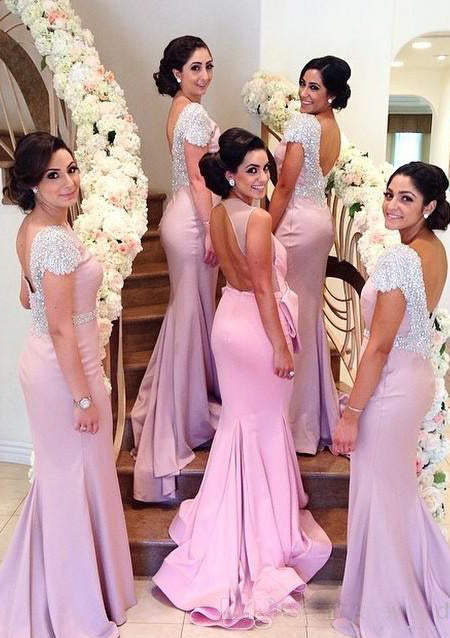 Pink Mermaid Scoop Short Sleeve Backless Long Bridesmaid Dresses / Gowns