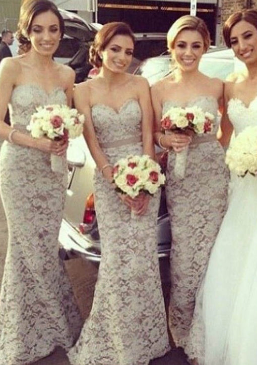 Simple Champagne Lace Strapless Ribbon Long Bridesmaid Dresses / Gowns